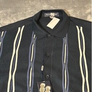 Michael Irvin 88 XXL Men's Short Sleeve Button Down Shirt Dark Navy Stripe Knit